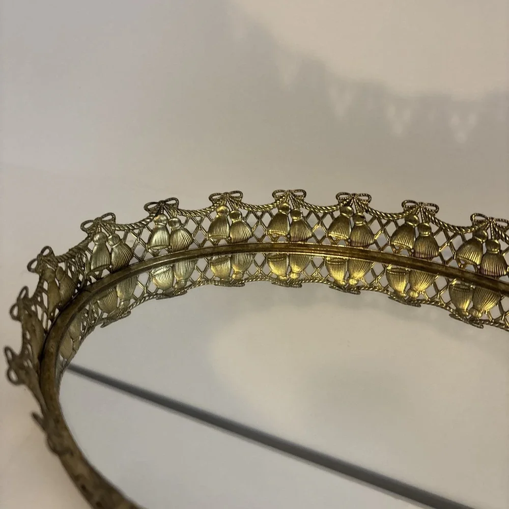 Vintage Gold Filigree Metal Mirror Vanity Dresser,